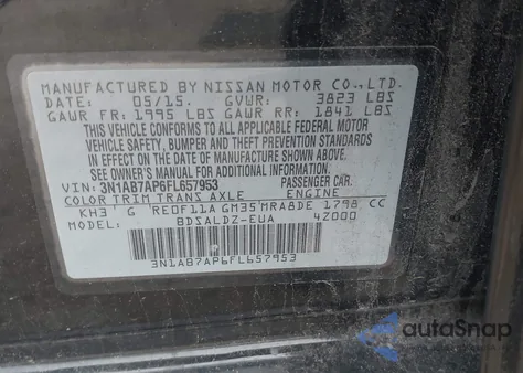 2015 Nissan Sentra Sv z USA, uszkodzony, nr VIN 3N1AB7AP6FL657953